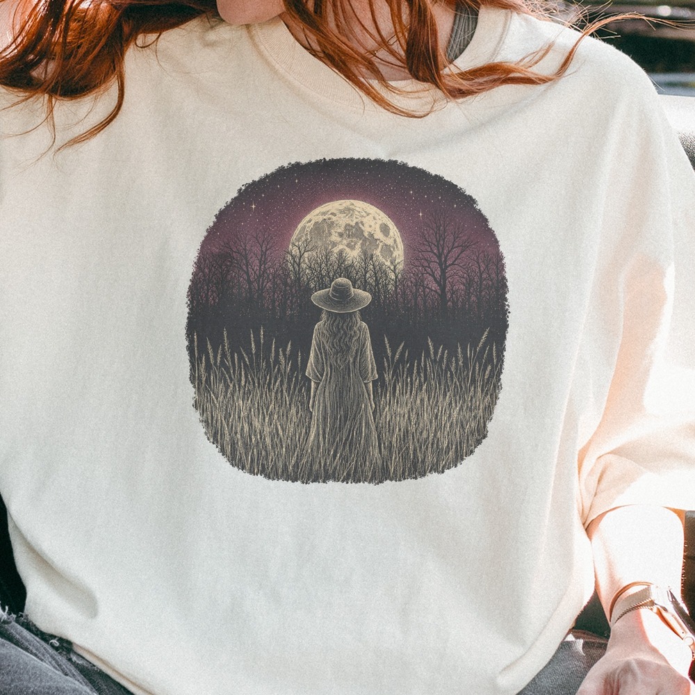Woman Facing the Full Moon Through Field Grass Tee